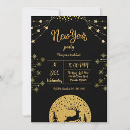 Invitación Fiesta de Nochevieja 2024 Purpurina de oro en negr