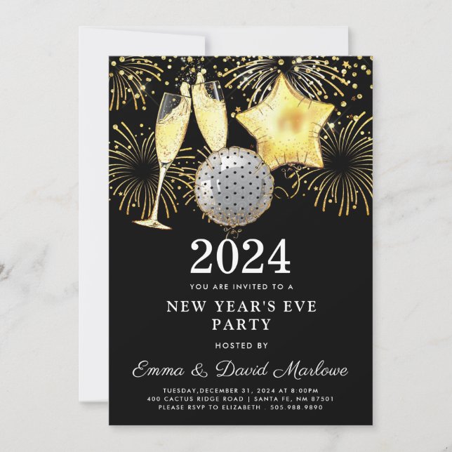 Invitación Fiesta de Nochevieja 2024 Purpurina de oro en negr (Anverso)