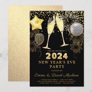Invitación Fiesta de Nochevieja 2024 Purpurina de oro en negr