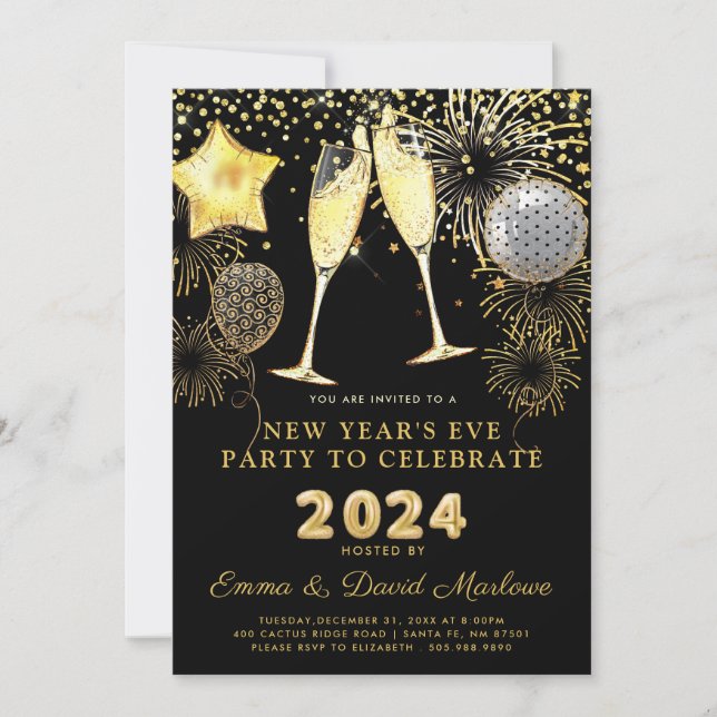 Invitación Fiesta de Nochevieja 2024 Purpurina de oro en negr (Anverso)