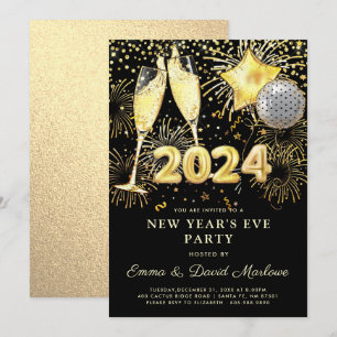 Invitación Fiesta de Nochevieja 2024 Purpurina de oro en negr