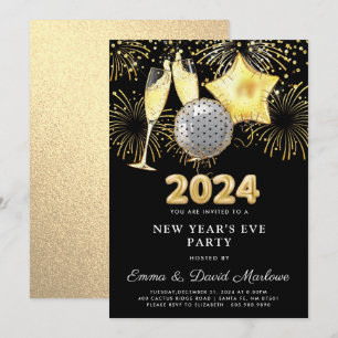 Invitación Fiesta de Nochevieja 2024 Purpurina de oro en negr