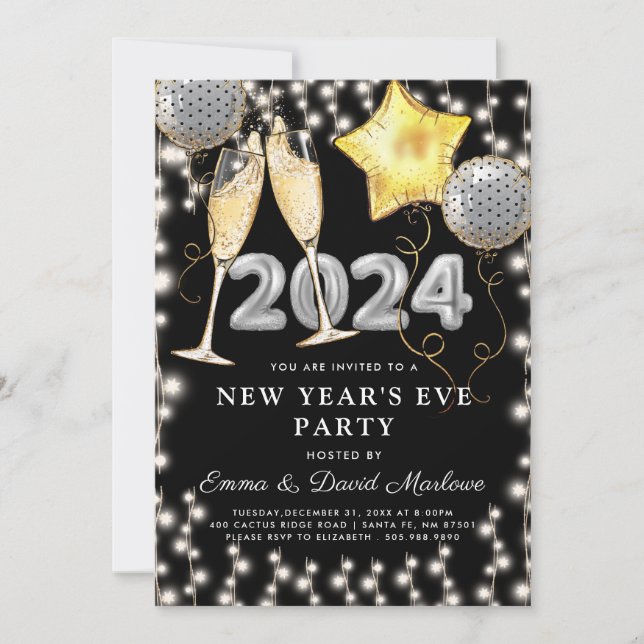 Invitación Fiesta de Nochevieja 2024 Purpurina plateado negro (Anverso)