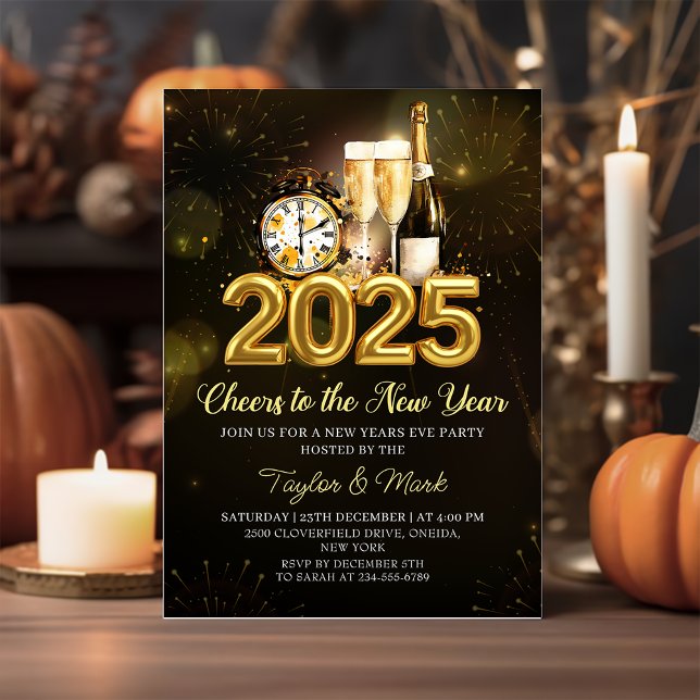 Invitación Fiesta de Nochevieja 2025 Black Gold Champagne (Subido por el creador)