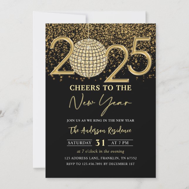 Invitación Fiesta de Nochevieja 2025 de Gold Disco Ball (Anverso)