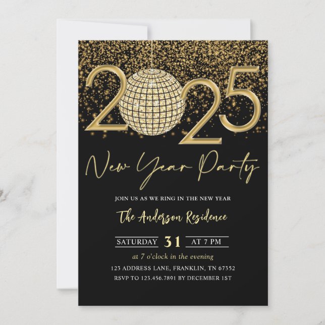 Invitación Fiesta de Nochevieja 2025 de Gold Disco Ball (Anverso)