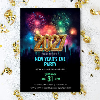 Invitación Fiesta de Nochevieja 2027 Fuegos artificiales eleg