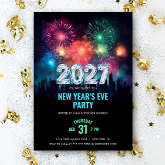 Invitación Fiesta de Nochevieja 2027 Fuegos artificiales eleg