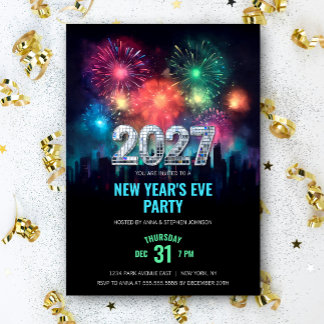 Invitación Fiesta de Nochevieja 2027 Fuegos Artificiales Eleg