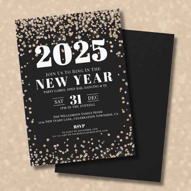 Invitación Fiesta de Nochevieja Black Gold (Black Gold New Year's Eve Party Invitation)