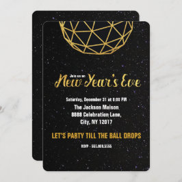 Invitación Fiesta de Nochevieja, caída de bolas, oro falso,