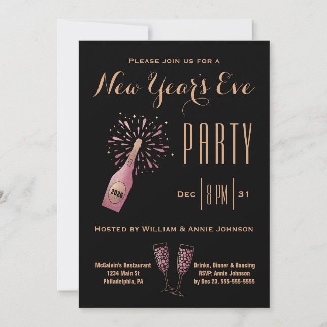 Invitación Fiesta de Nochevieja Champagne Oro Rosa Negro (Anverso)