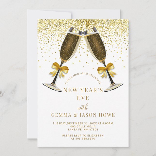 Invitación Fiesta de Nochevieja Champagne Toast Gold Confetti (Anverso)