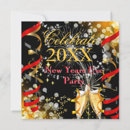 Invitación Fiesta de Nochevieja Champán Festivo Rojo Dorado