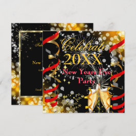 Invitación Fiesta de Nochevieja Champán Festivo Rojo Dorado