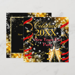 Invitación Fiesta de Nochevieja Champán Festivo Rojo Dorado