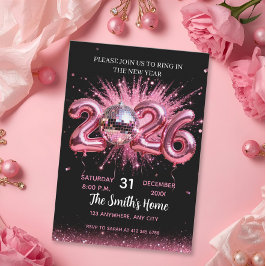 Invitación Fiesta de Nochevieja Chic 2026 Brillo Rosa Negro