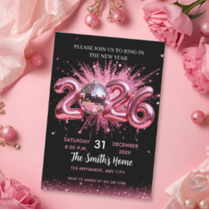 Invitación Fiesta de Nochevieja Chic 2026 Brillo Rosa Negro