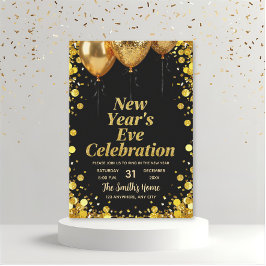 Invitación Fiesta de Nochevieja Chic Dorado Brillante Negro 