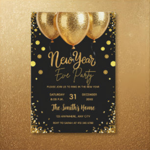 Invitación Fiesta de Nochevieja Chic Dorado Brillo Negro 