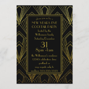 Invitación Fiesta de Nochevieja Cóctel Negro Arte Deco Dora