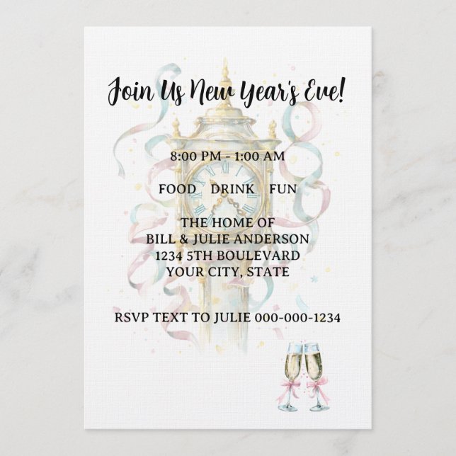 Invitación Fiesta de Nochevieja con Acuarela (Anverso)