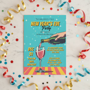 Invitación Fiesta de Nochevieja con Arte Pop Retro Vibrante