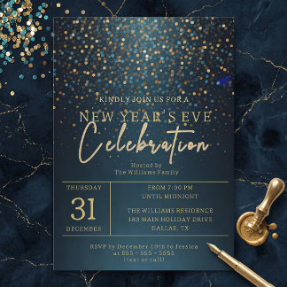 Invitación Fiesta de Nochevieja con brillo dorado y azul mari