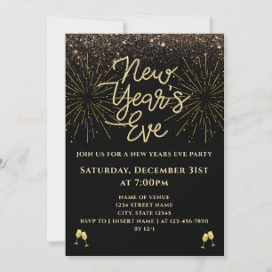 Invitación Fiesta de Nochevieja con Brillo Dorado y Negro