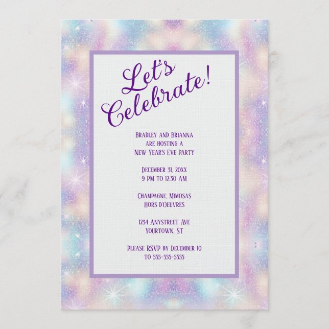 Invitación Fiesta de Nochevieja con Brillo Iridescente (Anverso)