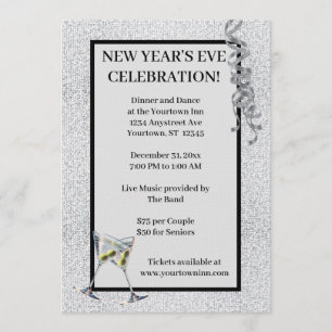 Invitación Fiesta de Nochevieja con brillo plateado