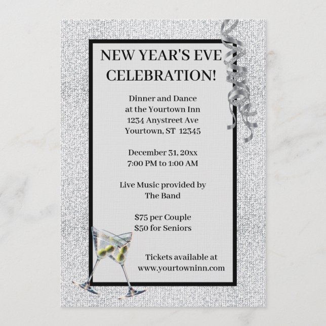 Invitación Fiesta de Nochevieja con brillo plateado (Anverso)