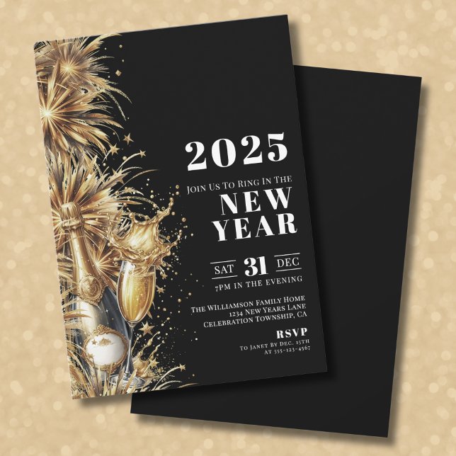 Invitación Fiesta de Nochevieja con Champán Black Gold (Black Gold Champagne New Year's Eve Party Invitation)