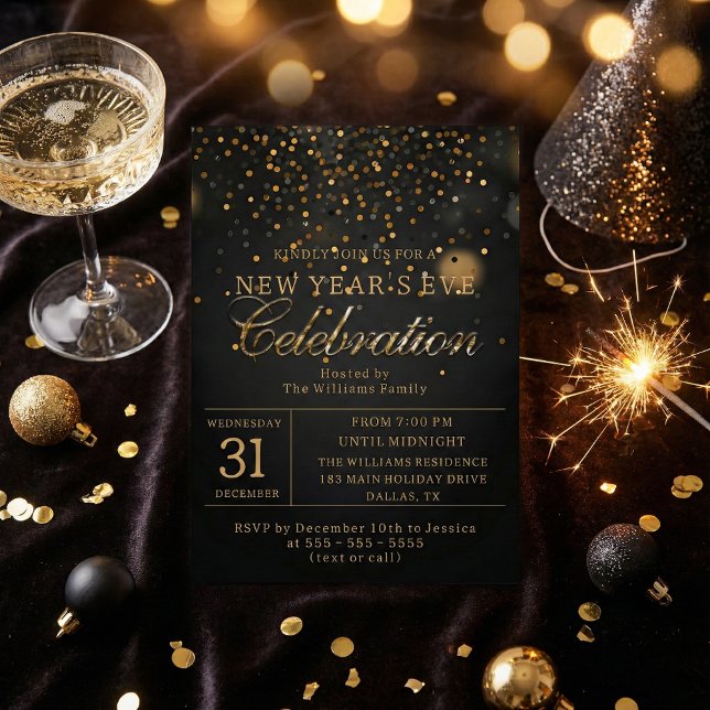 Invitación Fiesta de Nochevieja con Confeti Negro y Dorado (Subido por el creador)
