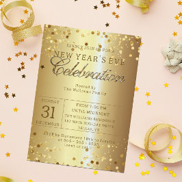 Invitación Fiesta de Nochevieja con confeti sobre fondo metál