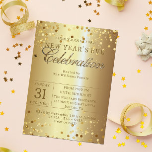 Invitación Fiesta de Nochevieja con confeti sobre fondo metál