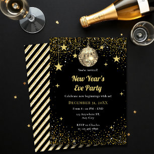 Invitación Fiesta de Nochevieja con estrellas doradas y negra
