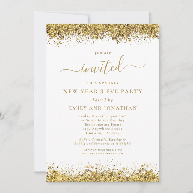 Invitación Fiesta de Nochevieja con letra elegante dorada con (Anverso)