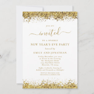 Invitación Fiesta de Nochevieja con letra elegante dorada con