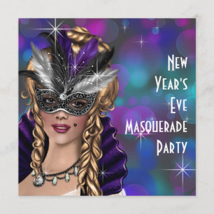 Invitación Fiesta de Nochevieja con Máscara de Morado Verde T