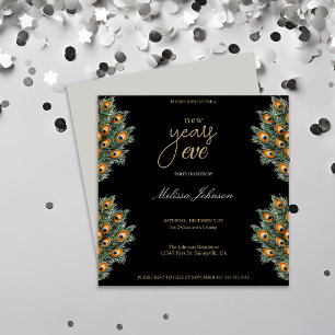 Invitación Fiesta de Nochevieja con Plumas de Pavo Real Moder