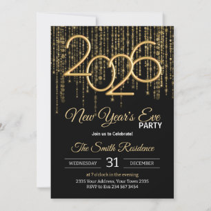 Invitación Fiesta de Nochevieja Confeti Negro y Dorado