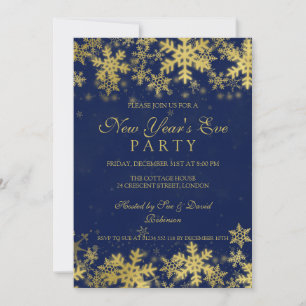 Invitación Fiesta de Nochevieja Copos de nieve dorados y azul
