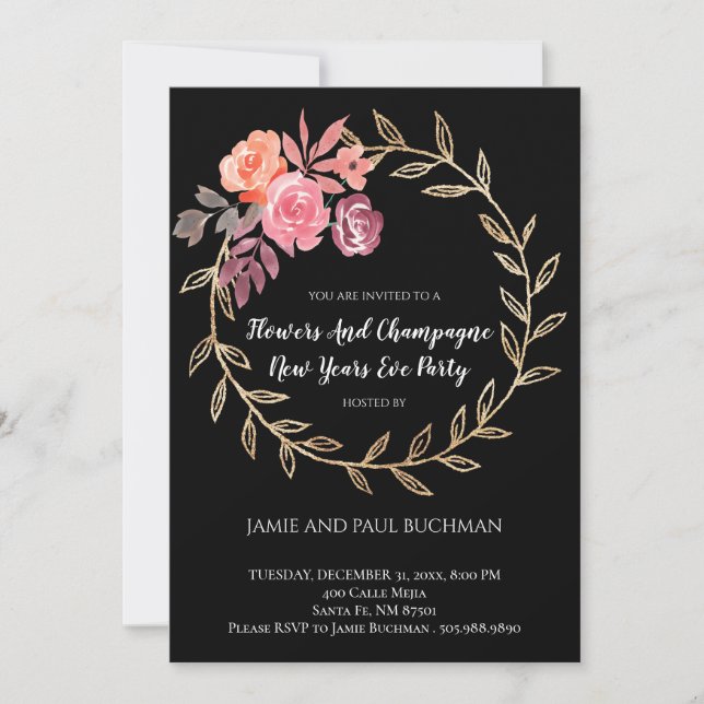 Invitación Fiesta De Nochevieja De Año Nuevo De Flores Y Cham (Anverso)