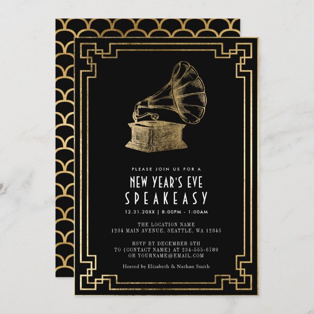 Invitación Fiesta de Nochevieja de Art Deco de los años 20 (Anverso / Reverso)