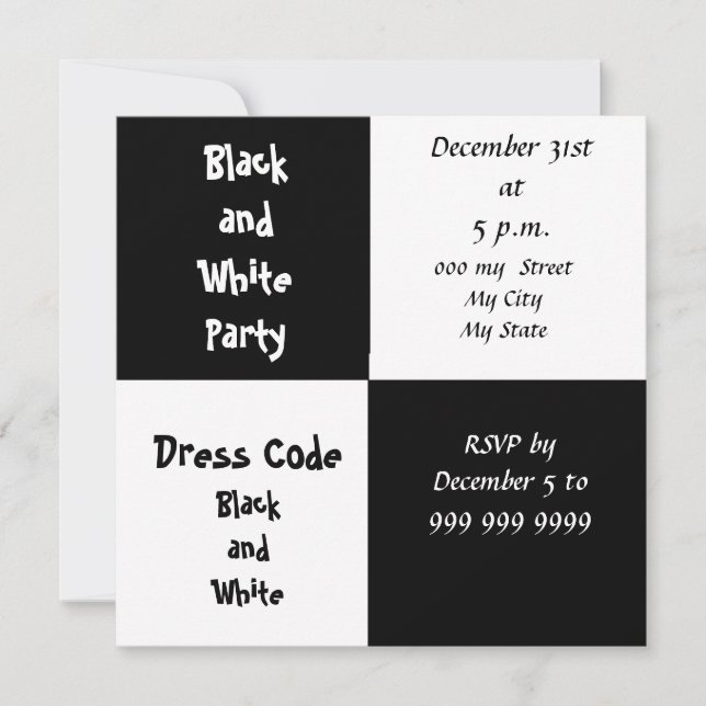 Invitación Fiesta de Nochevieja de Blanco y Negro (Anverso)