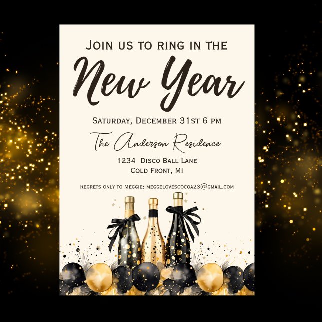 Invitación Fiesta de Nochevieja de Champagne negro y oro (Subido por el creador)