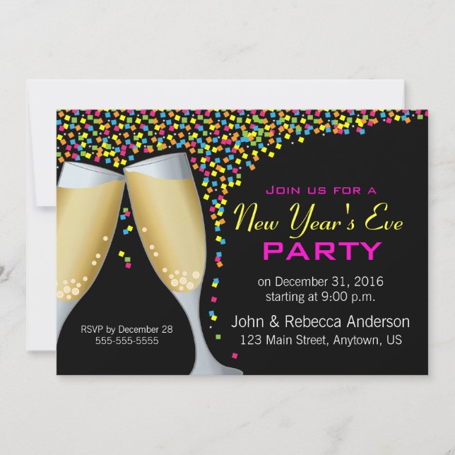 Invitación Fiesta de Nochevieja de Champagne y Confetti (Anverso)