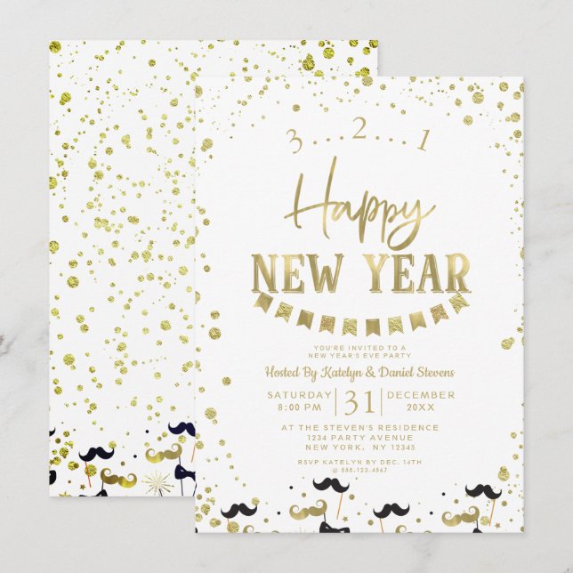 Invitación Fiesta de Nochevieja de Confetti Blanco y Relieve  (Anverso / Reverso)