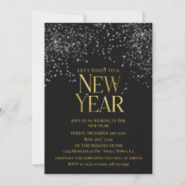 Invitación Fiesta de Nochevieja de Confetti Negro de Oro